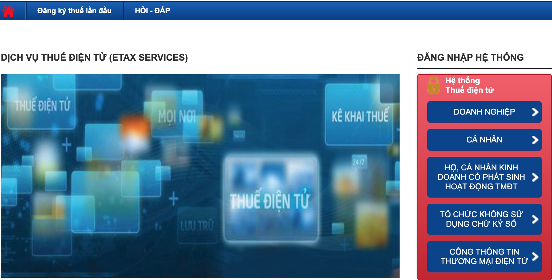 Giao diện cổng thông tin Tổng Cục Thuế